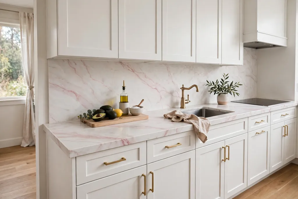 Kitchen counter with soft pink veining on a white base and white cabinets.
