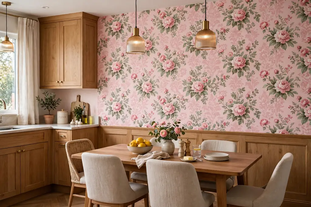 Kitchen dining wall with pink floral wallpaper.