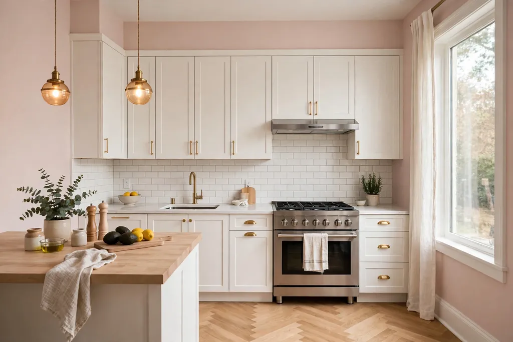 Kitchen with pale pink walls and white cabinets.
