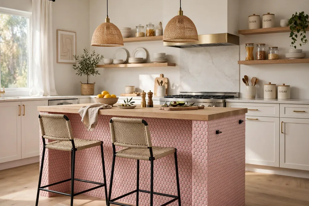 Kitchen island with a front clad in small pink tiles.