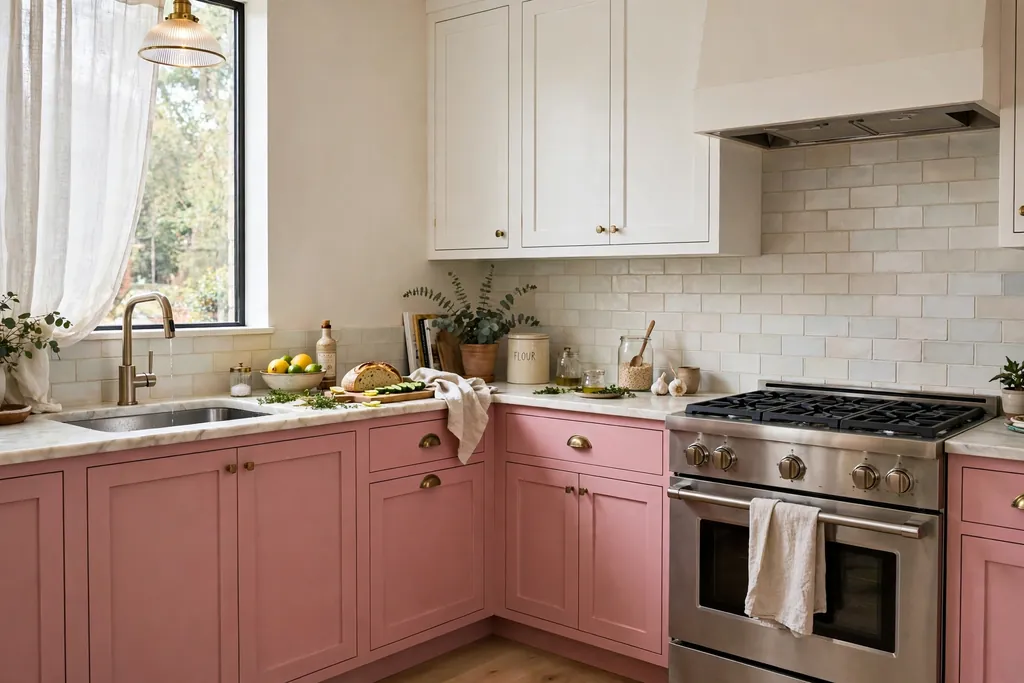 Kitchen with pink lower cabinets, white upper cabinets and a pale backsplash.