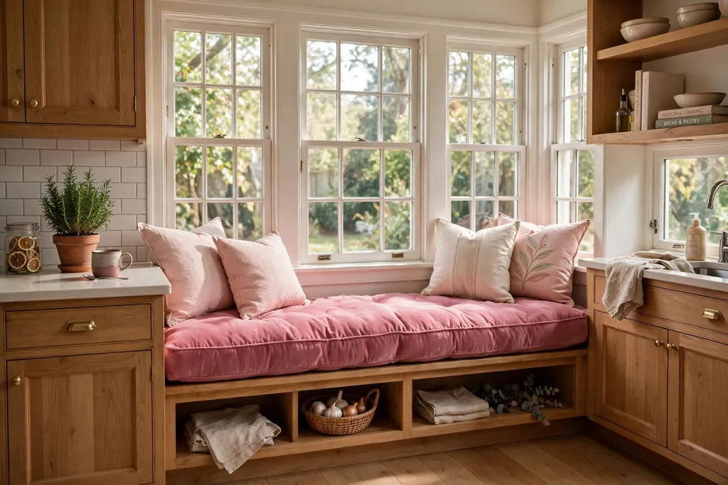 Kitchen window seat with a thick pink cushion.