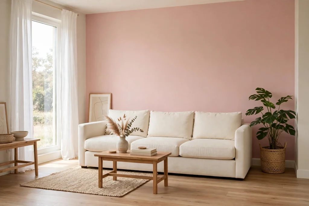 Living room with a soft blush pink accent wall behind a cream sofa and a wood coffee table.
