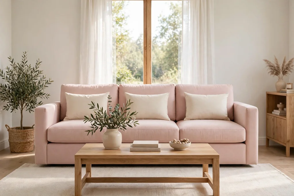 Living room centered on a blush pink sofa with plain cream cushions and a wood coffee table.
