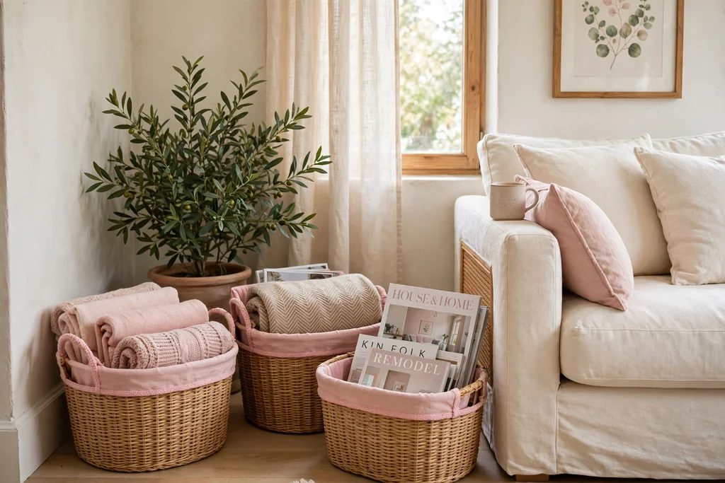 Living room corner with woven baskets with pink trim and pink fabric liners, holding folded throws.