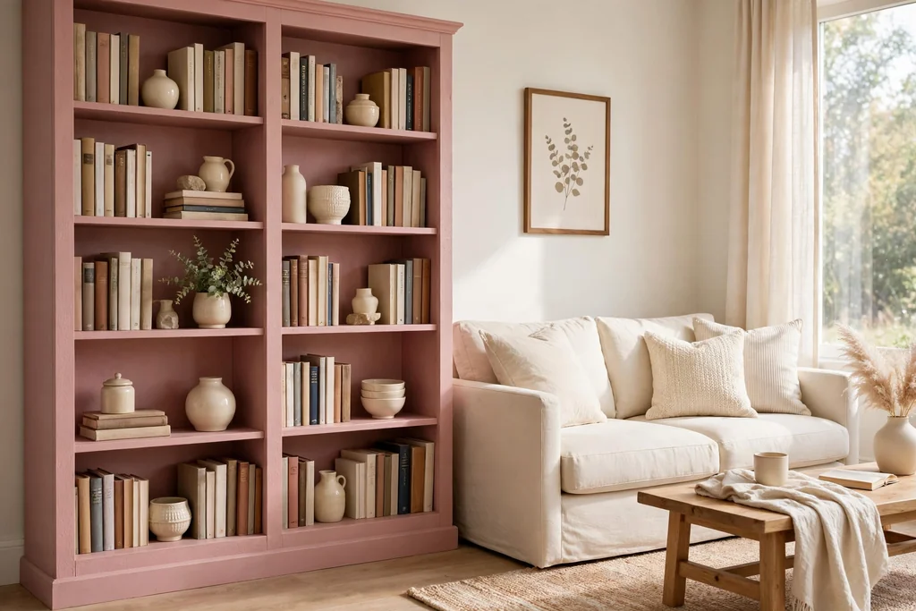 Living room with a bookcase painted soft dusty pink, filled with books and cream ceramics.