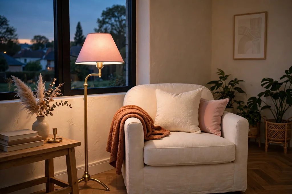 Living room corner with a brass floor lamp fitted with a soft pink lampshade beside an armchair.