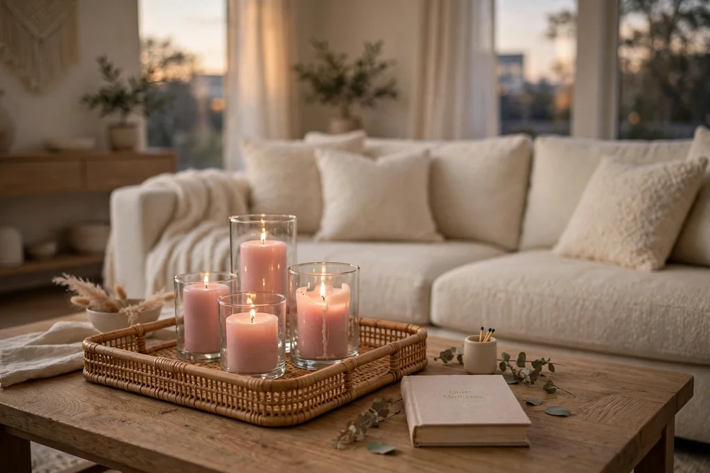 Living room coffee table styled with a tray holding pink pillar candles in glass holders.