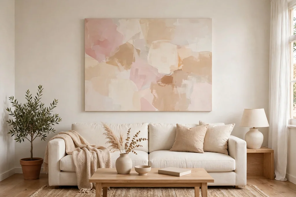 Cream sofa wall with one oversized abstract canvas in soft pink, cream and warm beige.