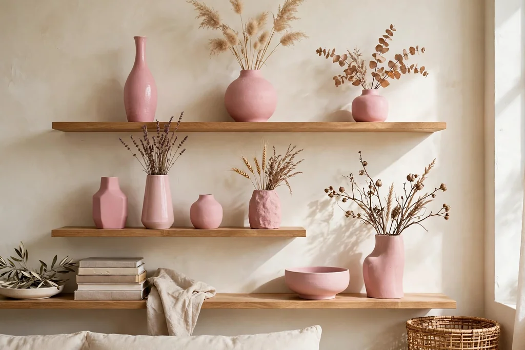Living room shelves styled with pink ceramic vases in different heights and shapes.
