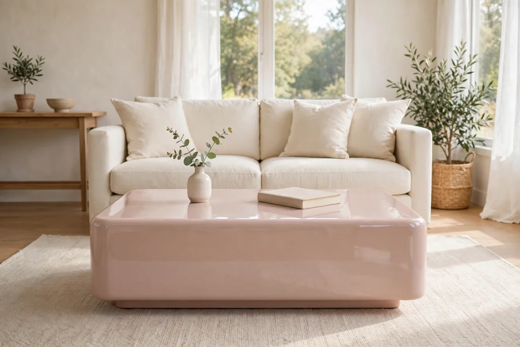 Living room with a pale pink lacquer coffee table in front of a cream sofa.