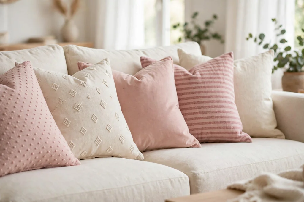 Cream sofa styled with layered cushions in blush pink, dusty pink, and cream.
