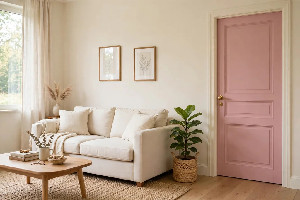 Living room with an interior door painted soft dusty pink, with cream walls and a cream sofa nearby.