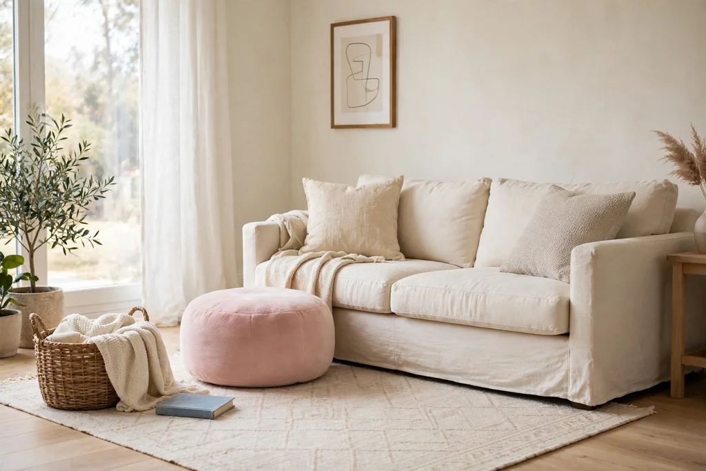 Casual living room with a soft pink round floor pouf beside a cream sofa and a light rug.