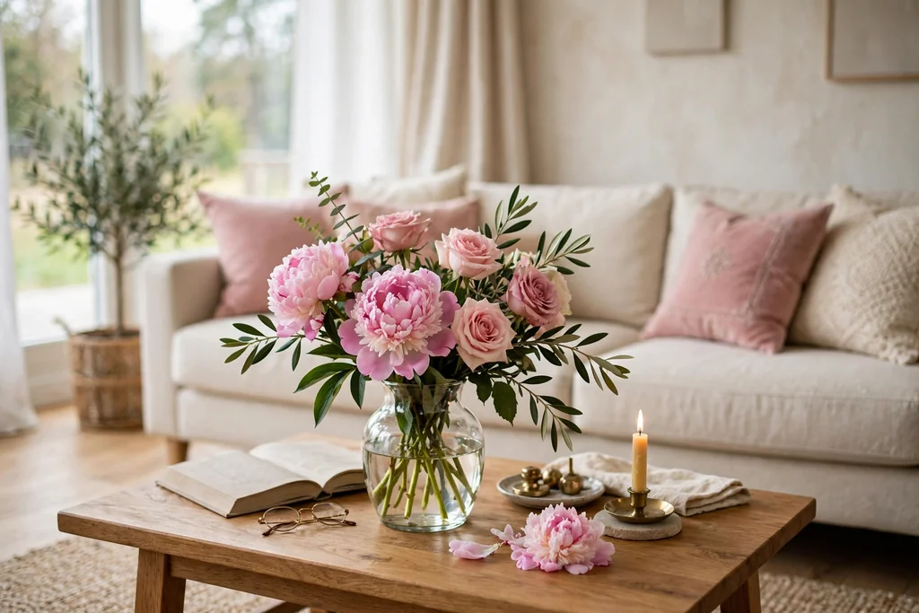 Living room coffee table with a glass vase of fresh pink peonies and roses.