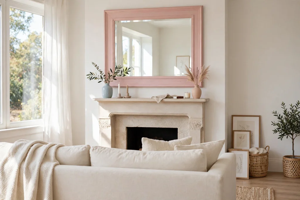 Living room fireplace mantel with a large mirror in a soft pink painted frame above it.