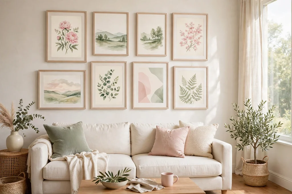 Living room wall above a cream sofa hung with framed art prints in pink, cream, and soft green.