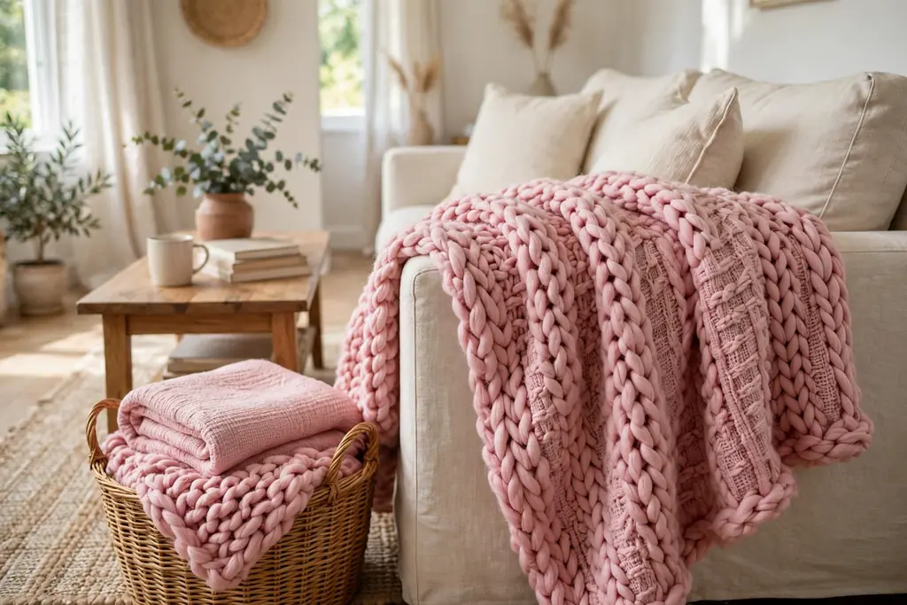 Living room sofa arm draped with a chunky pink knit throw, with a folded throw in a basket beside it.