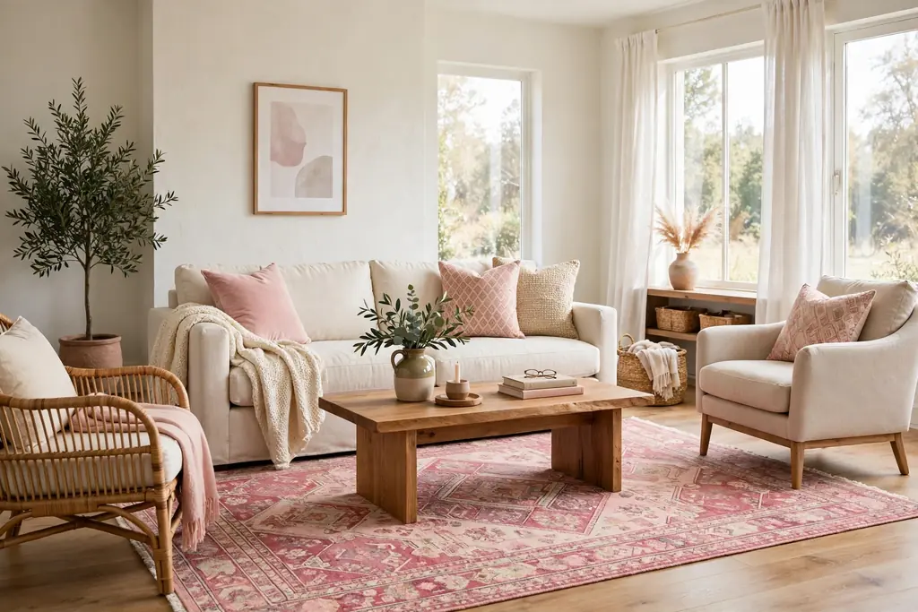 Living room seating group with a pink patterned area rug under a cream sofa and wood coffee table.