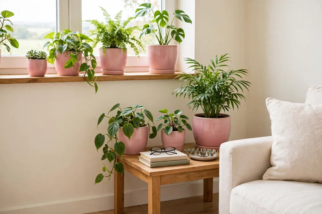 Living room windowsill grouped with green houseplants in pink ceramic pots of different sizes.