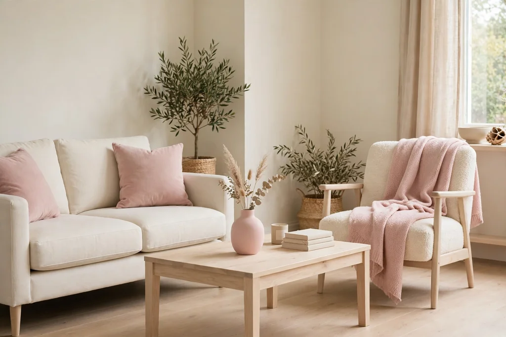 Neutral living room with soft pink repeated in three places: sofa cushions, a coffee table vase, and an armchair throw.