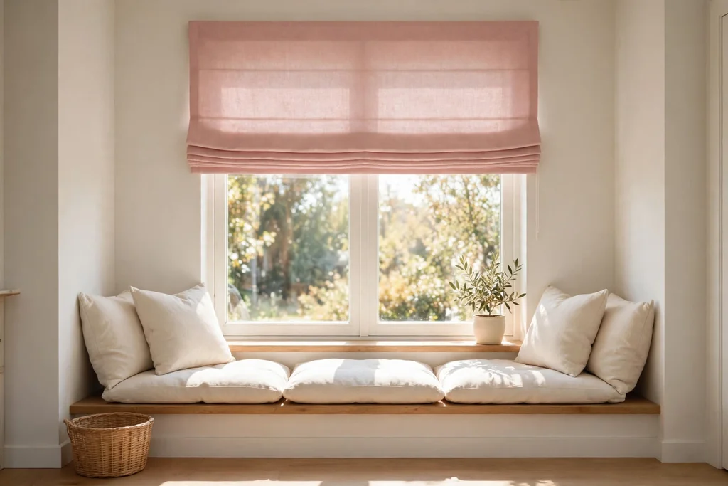 Living room window with soft pink roman blinds in plain linen above a window seat with cream cushions.