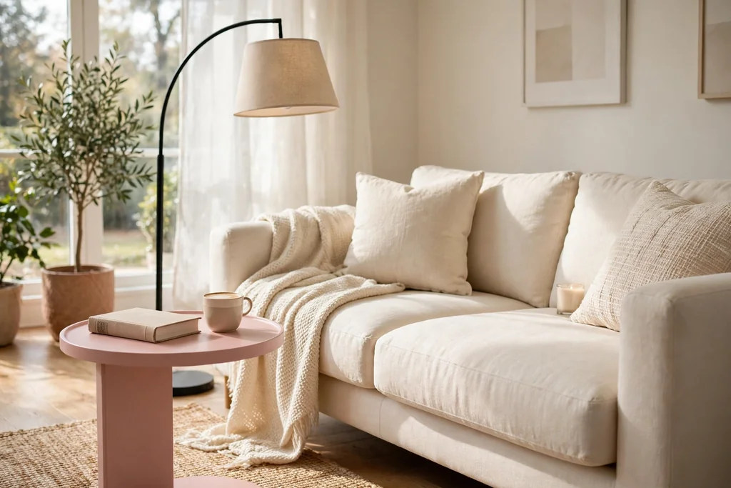 Living room with a small round pink side table beside a cream sofa, holding a cup and a book.