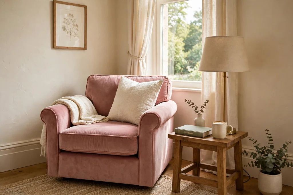 Cozy living room corner with a dusty pink velvet armchair, a small side table, and a floor lamp.