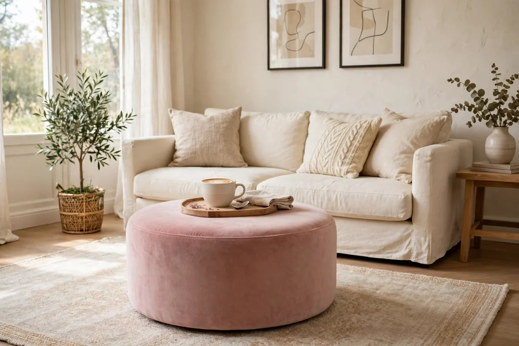 Living room with a round dusty pink velvet ottoman in front of a cream sofa.