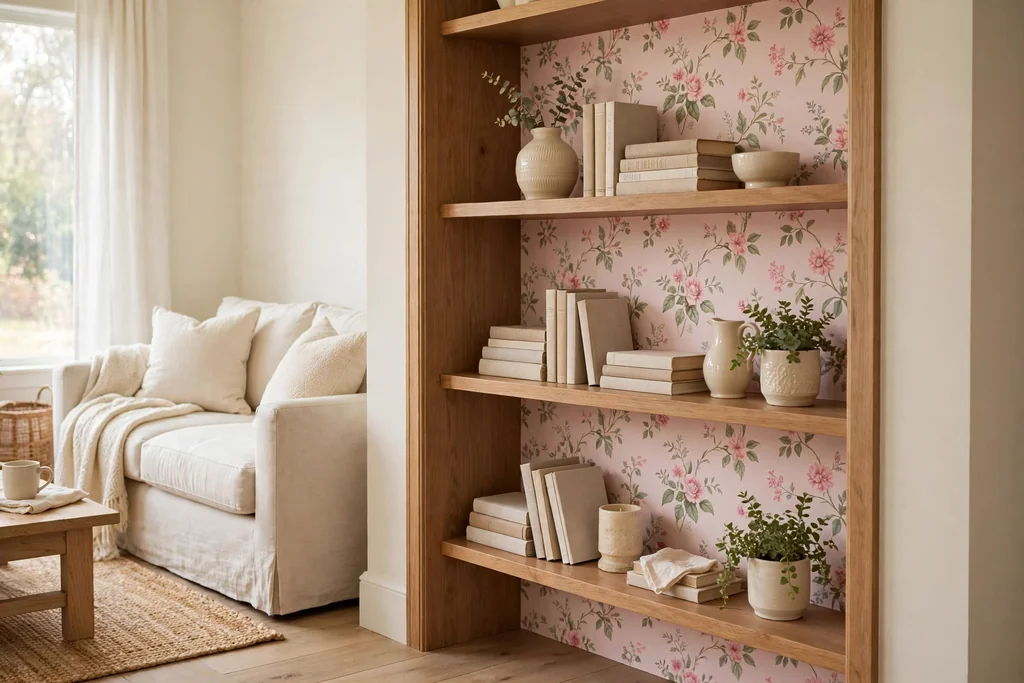 Living room alcove shelves with the backs lined in pink floral wallpaper, styled with cream ceramics and books.