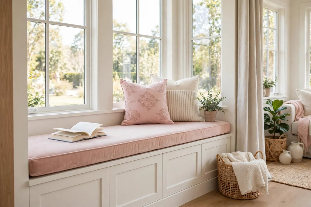 Bright living room window seat with a blush pink bench cushion and pink and cream cushions.