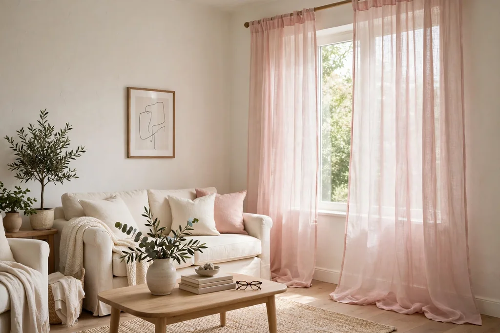 Bright living room window dressed with sheer blush pink linen curtains falling to the floor.