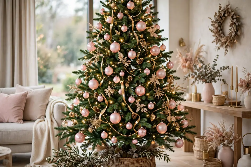 Green tree decorated with blush pink glass ball ornaments in several sizes.