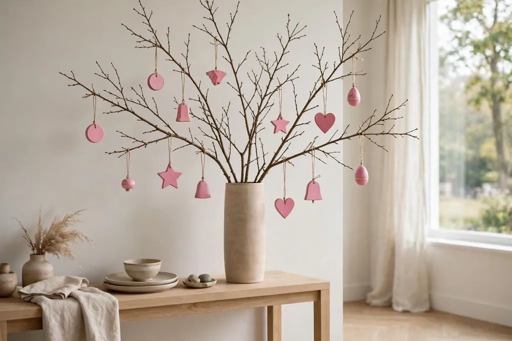 Vase with branches hung with painted pink wooden ornaments on a console.