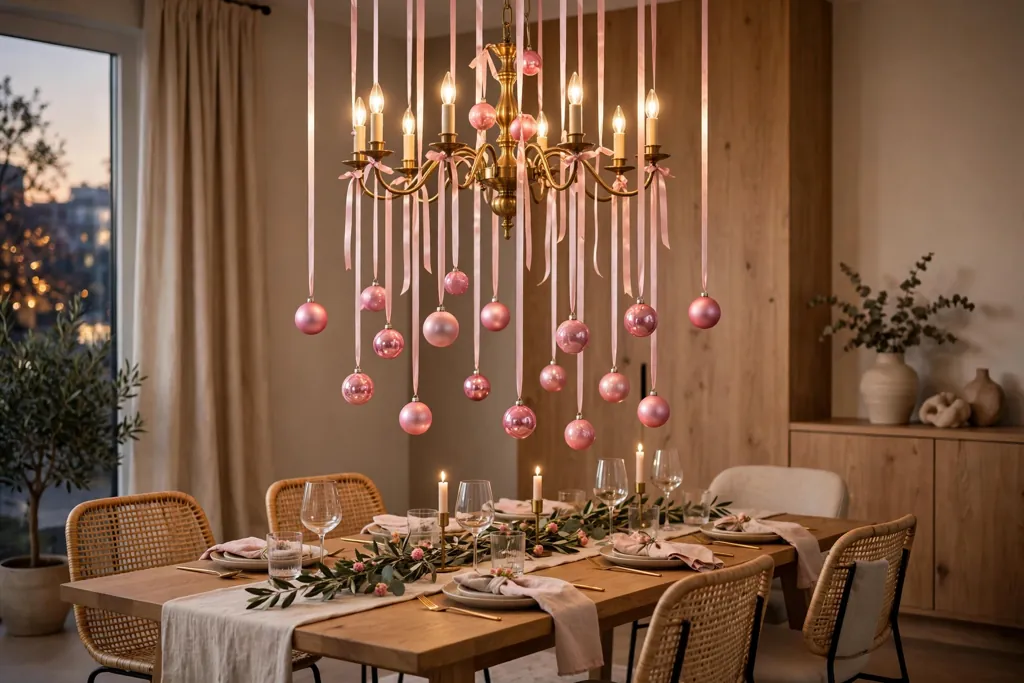Chandelier with pink ornaments hung from ribbons at staggered heights.