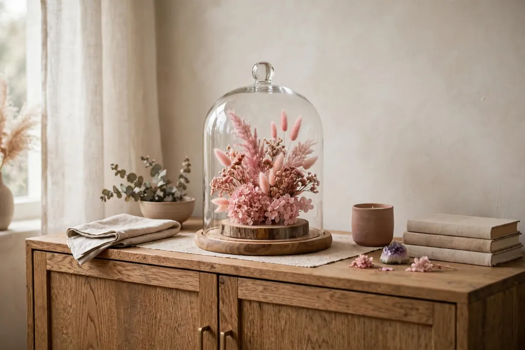 Glass cloche covering pink dried flower ornaments on a sideboard.