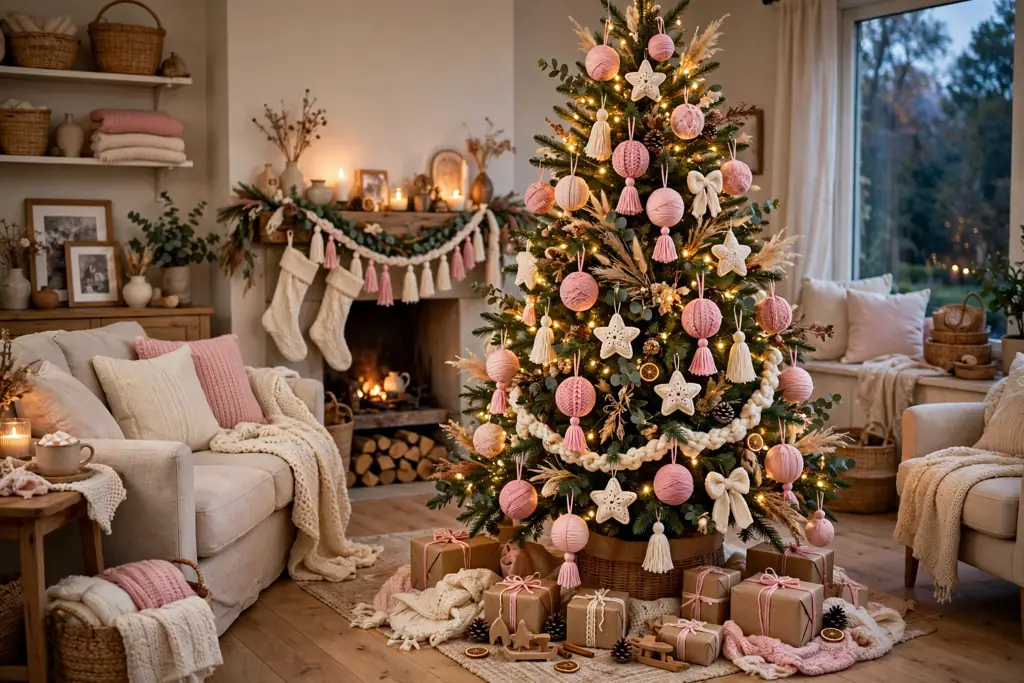 Family tree decorated with pink yarn wrapped ornaments.