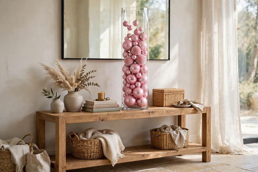 Entry console with a tall glass vase filled with pink ornaments.
