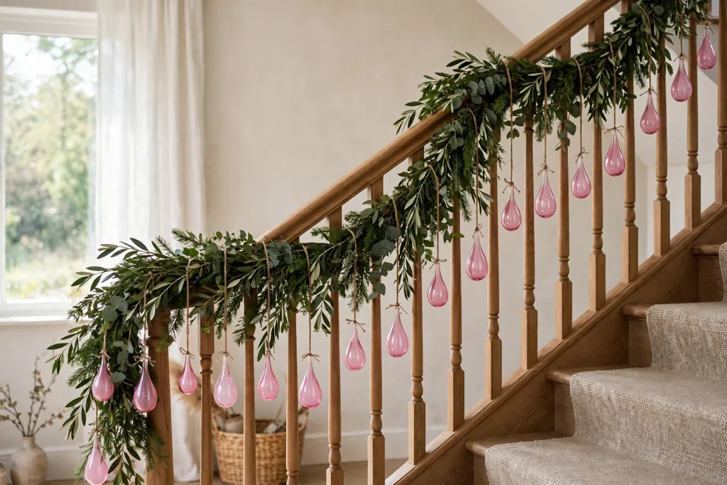 Stair banister garland hung with pink teardrop ornaments.