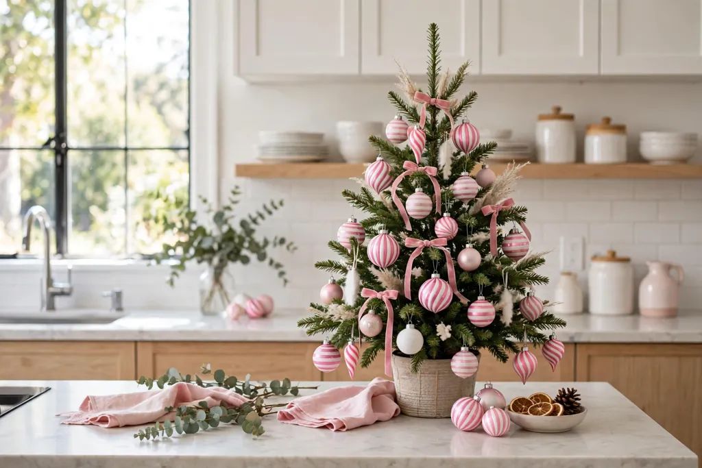 Small kitchen tree decorated with pink and white striped ornaments.
