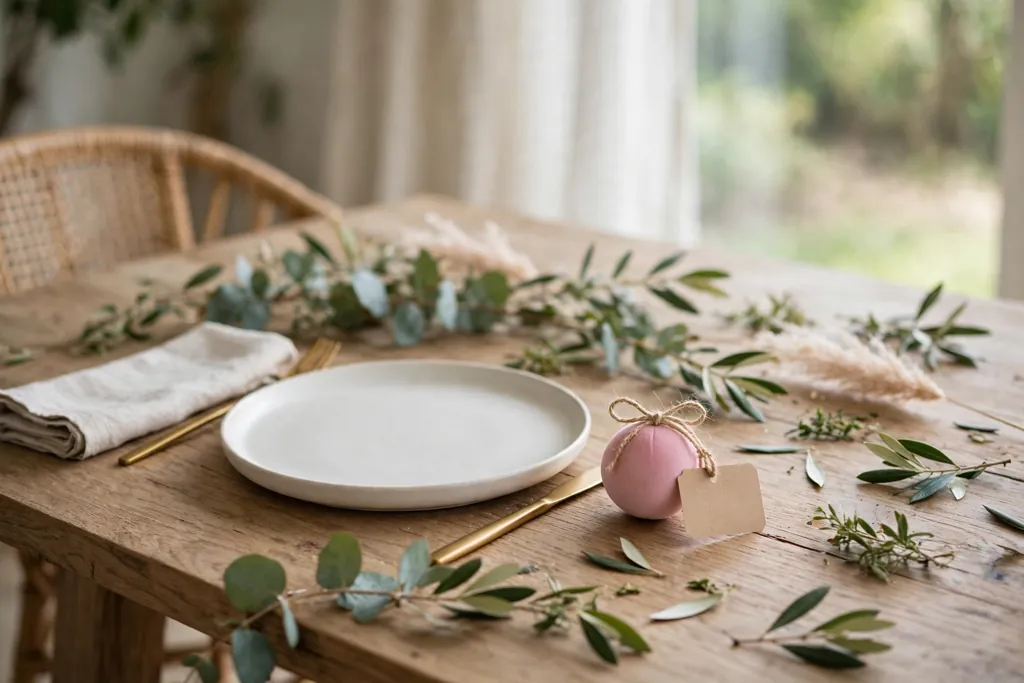 Dining table place setting with a pink ornament and a small name tag.