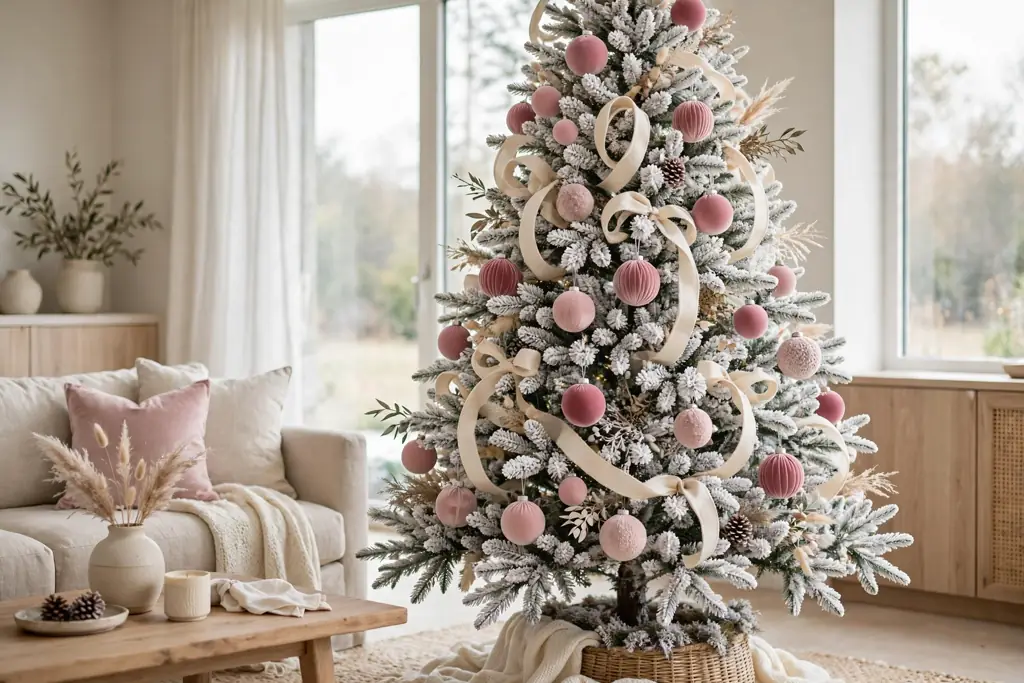 Flocked white tree decorated with velvet pink ornaments.
