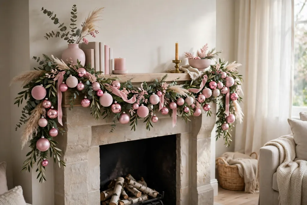 Mantel garland strung with pink ornaments in matte and shiny finishes.