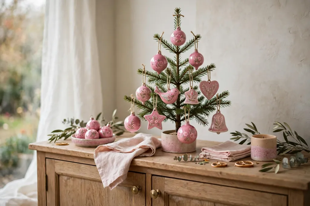 Small tabletop tree decorated with hand painted pink ceramic ornaments.