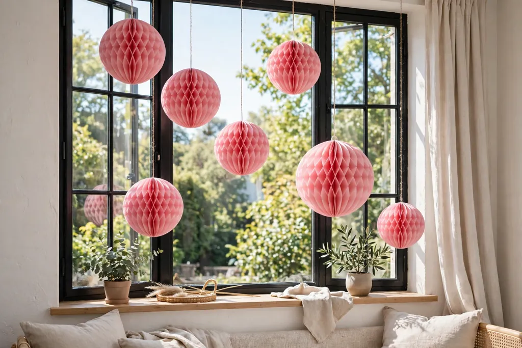 Window hung with pink paper honeycomb ornaments at different heights.