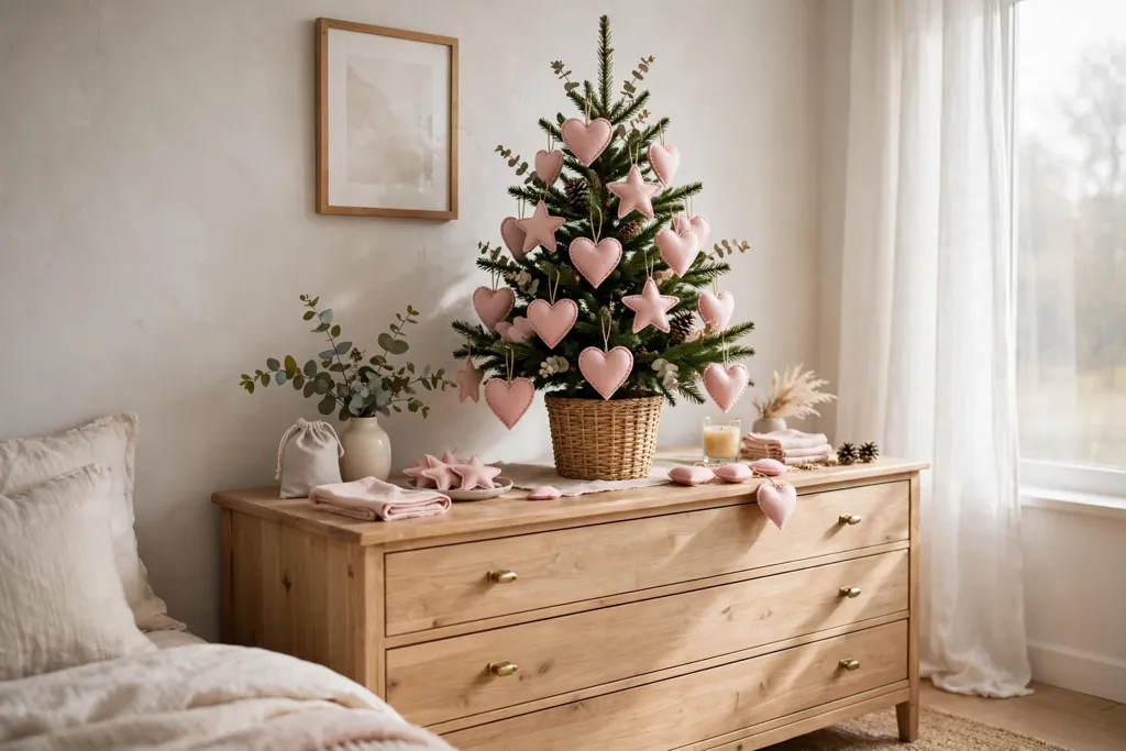Small bedroom tree decorated with pink felt heart and star ornaments.