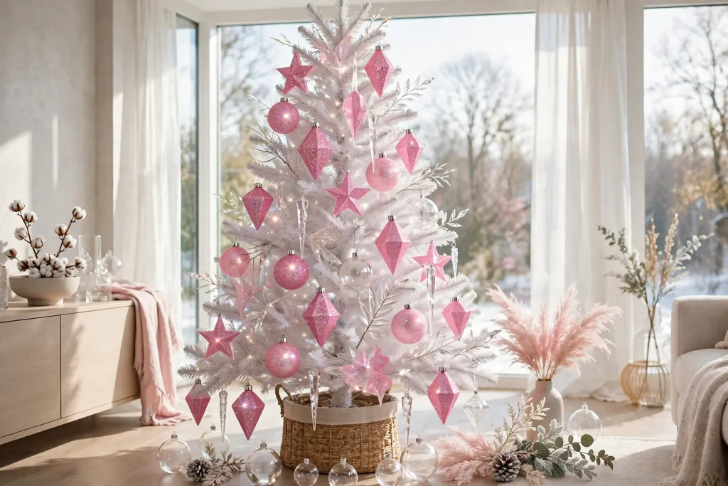 White tree decorated with pink glitter acrylic ornaments.