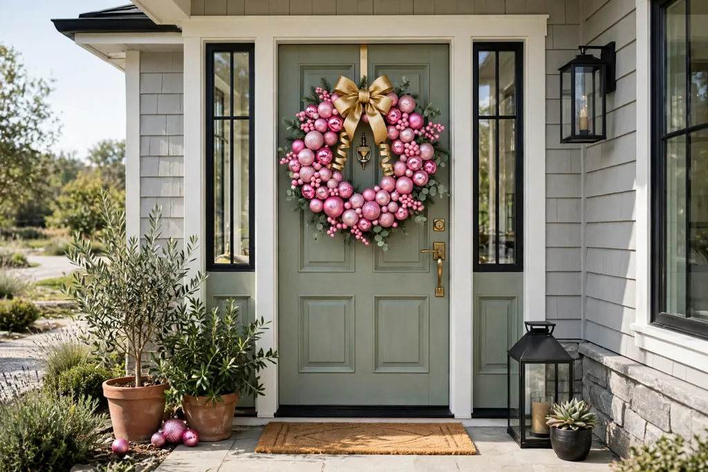 Front door hung with a wreath made from pink ornaments and a gold bow.