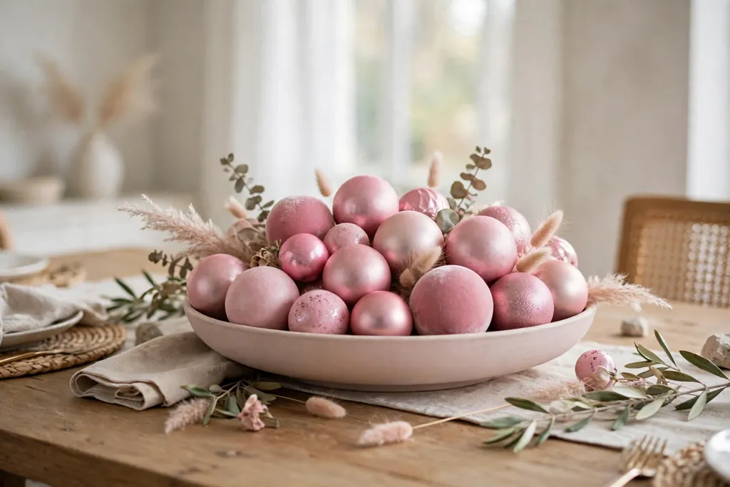 Dining table centerpiece with a low bowl filled with pink ornaments.
