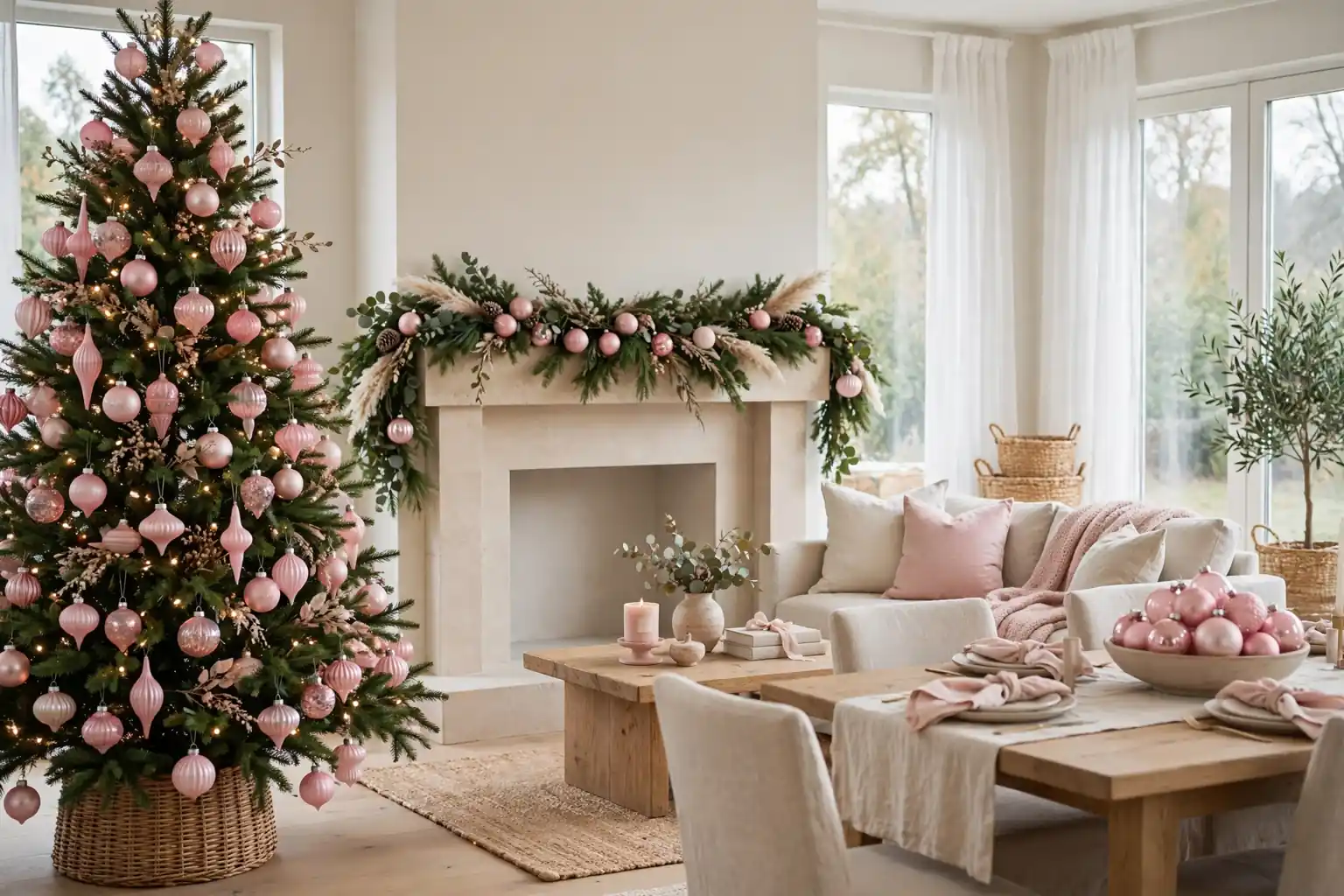 Living room with a tree decorated in blush pink glass ornaments and a table bowl of pink ornaments.